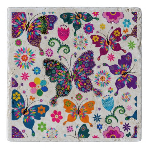 Colorful Retro Butterflies And Flowers Pattern Trivet