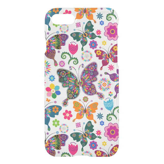 Colorful Retro Butterflies And Flowers Pattern Uncommon iPhone Case (Back)