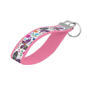 Colorful Retro Butterflies And Flowers Pattern Wrist Keychain