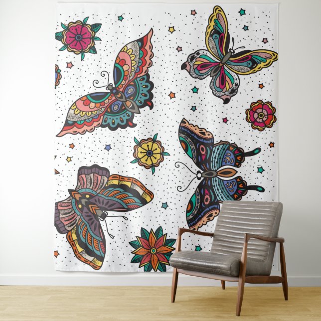 Colorful retro butterflies and flowers tapestry (In Situ)