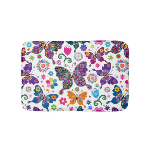 Colorful Retro Butterflies  Flowers Pattern Bath Mat