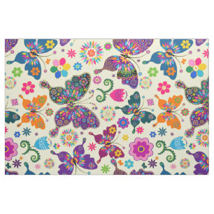 Colorful Retro Butterflies & Flowers Pattern Fabric