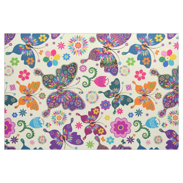 Colorful Retro Butterflies & Flowers Pattern Fabric (Yard)