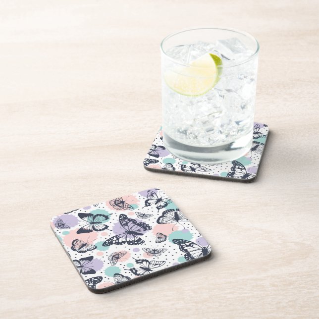 Colorful retro butterflies pattern beverage coaster (Right Side)