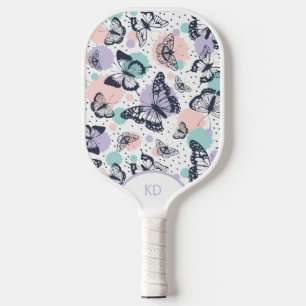 Colorful retro butterflies pattern monogram pickleball paddle