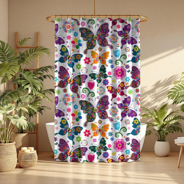 Colorful Retro Butterflies Seamless Pattern Shower Curtain (Creator Uploaded)