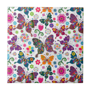 Colorful Retro Butterfly's And Flowers Pattern Tile