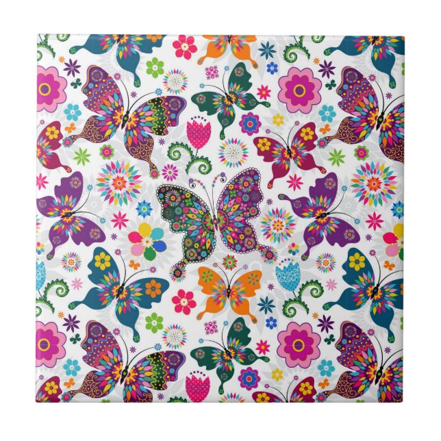 Colorful Retro Butterfly's And Flowers Pattern Tile (Front)