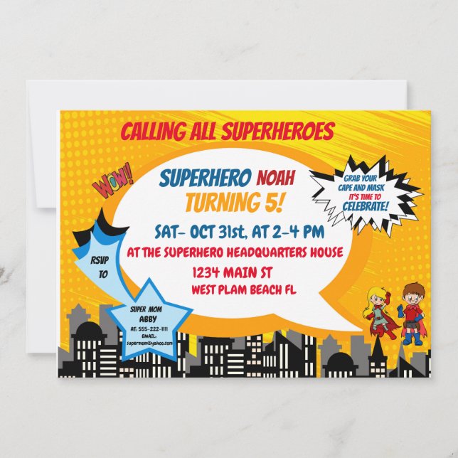 Colorful Retro Cartoon Comic Superhero Halloween  Invitation (Front)
