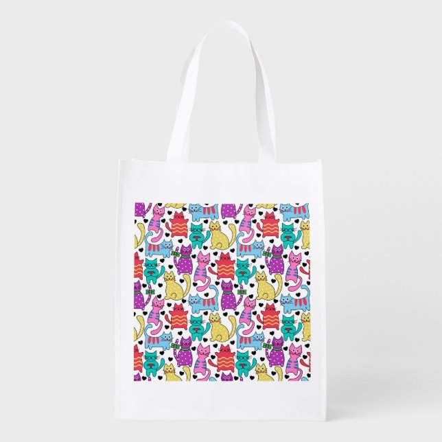 Colorful Retro Cat Feline Pattern Reusable Grocery Bag (Back)
