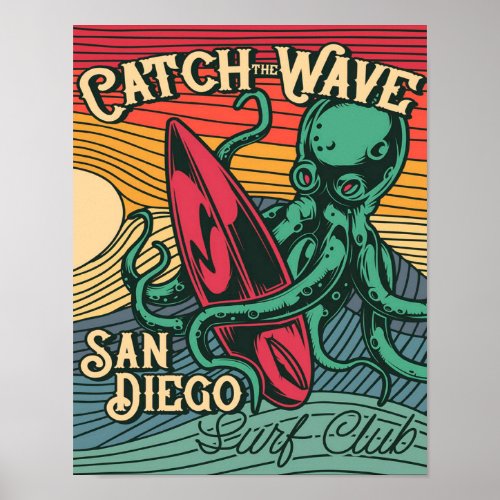 Colorful Retro Catch The Wave Octopus Poster