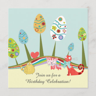 Colorful Retro Cats and Easter Egg Trees Birthday Invitation