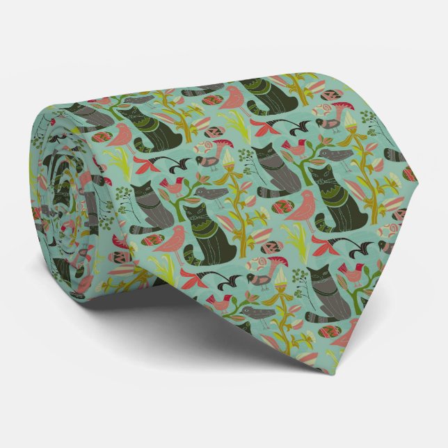 Colorful Retro Cats & Birds Pattern Neck Tie (Rolled)