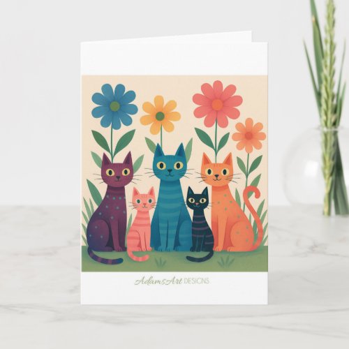 Colorful Retro Cats in Flower Garden – Whimsical