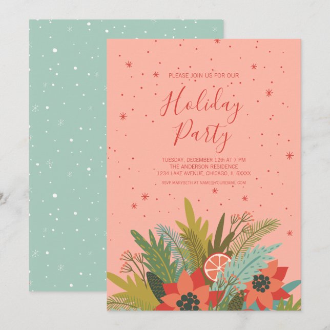 Colorful Retro Christmas Floral Holiday Party Invitation (Front/Back)
