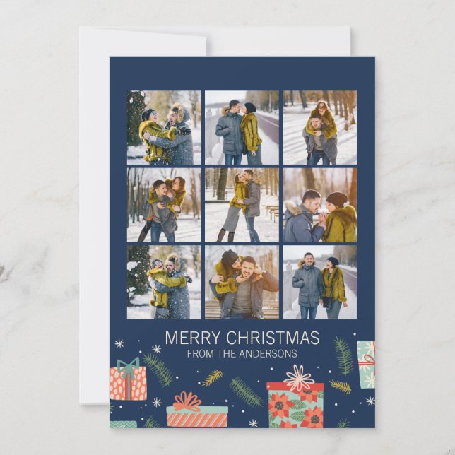 Colorful Retro Christmas Gift Box 9 Photo Holiday Card (Front)