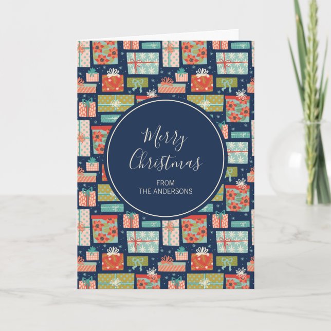 Colorful Retro Christmas Gift Box Greeting Card (Front)