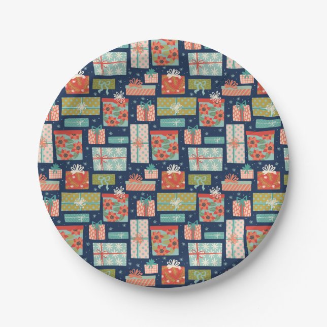 Colorful Retro Christmas Gift Box Holiday Paper Plates (Front)