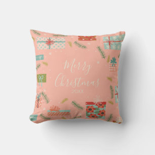 Colorful Retro Christmas Gift Box Holiday Throw Pillow