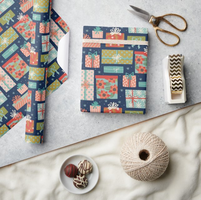 Colorful Retro Christmas Gift Box Holiday Wrapping Paper (Crafts)