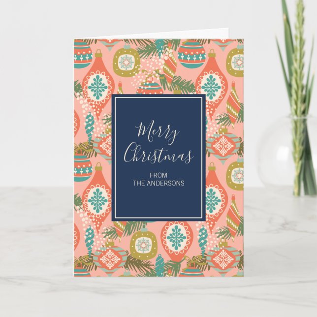 Colorful Retro Christmas Ornaments Holiday Card (Front)