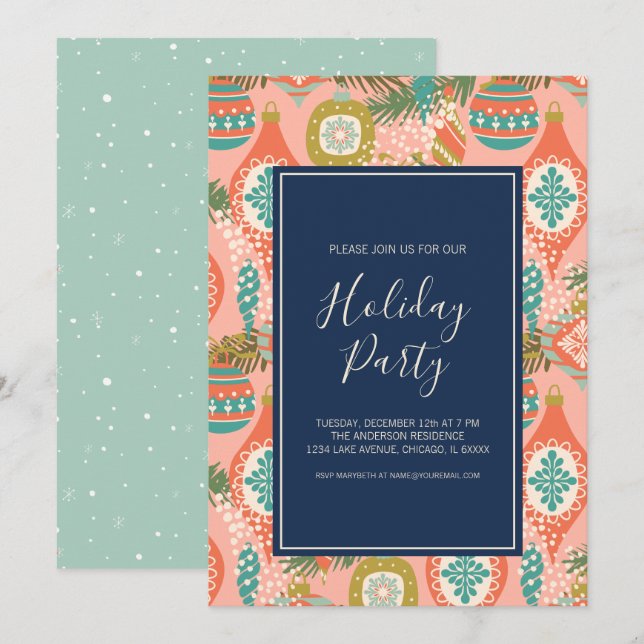Colorful Retro Christmas Ornaments  Holiday Party Invitation (Front/Back)