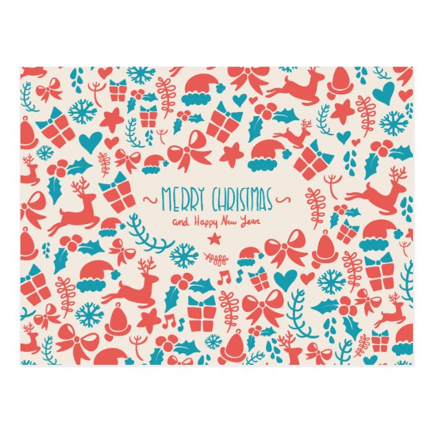 Colorful Retro Christmas Pattern In Blue And Red Postcard