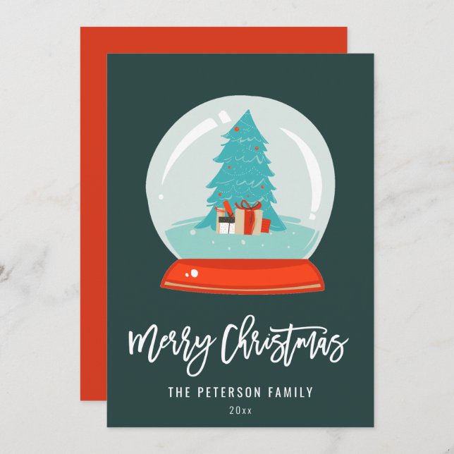 Colorful Retro Christmas Tree Snow Globe Holiday Card (Front/Back)