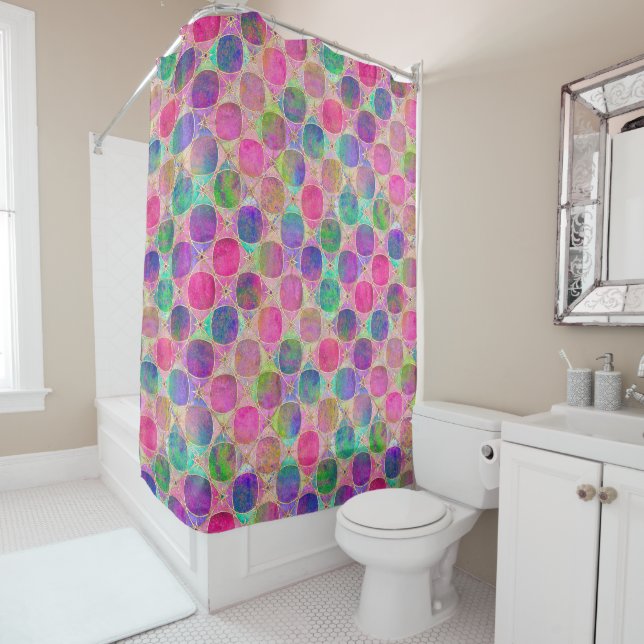Colorful Retro Circle Pattern with Golden Details Shower Curtain (In Situ)