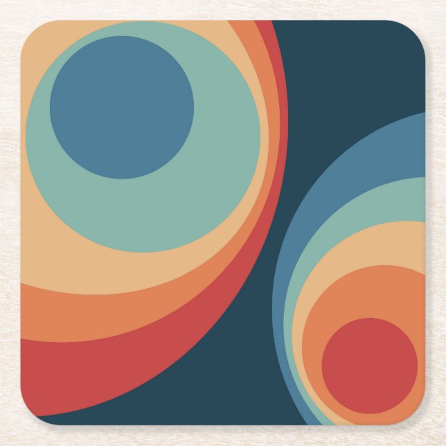 Colorful retro circles design square paper coaster (Front)