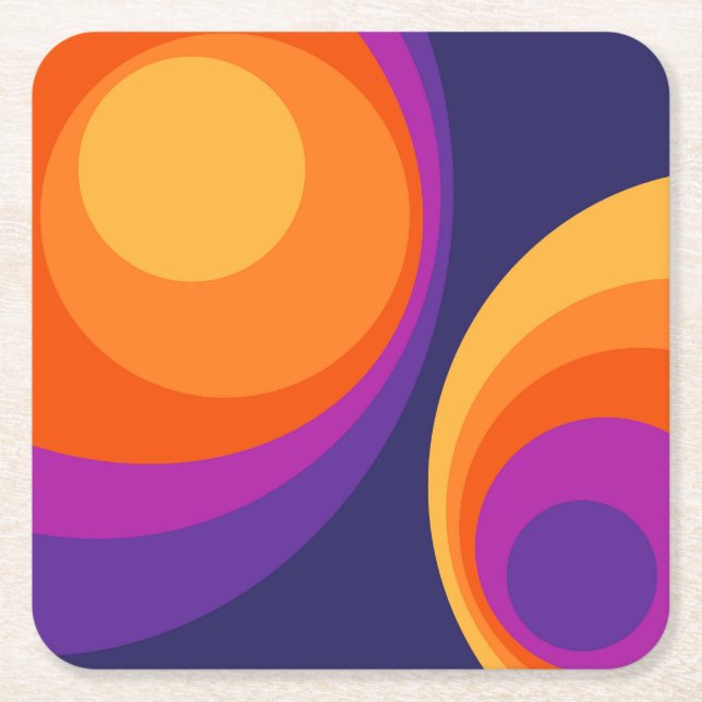Colorful retro circles design  square paper coaster (Front)