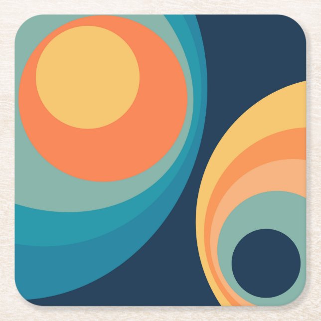 Colorful retro circles design square paper coaster (Front)
