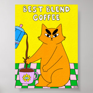 Colorful Retro Coffee Cat Illustration Poster