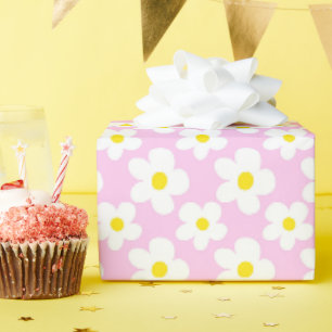 Colorful Retro Daisy Floral Pink Wrapping Paper