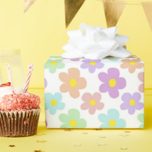 Colorful Retro Daisy Floral White Wrapping Paper