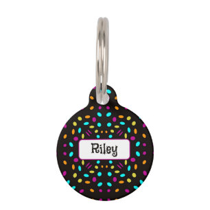 Colorful retro dots 80s inspired black pet ID tag