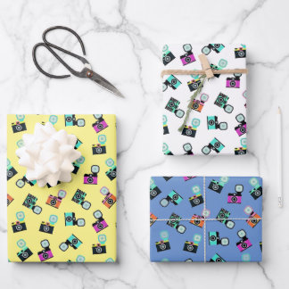 Colorful Retro Flash Camera Pattern Wrapping Paper Sheets