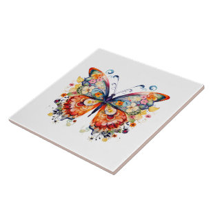 Colorful retro floral butterfly ceramic tile
