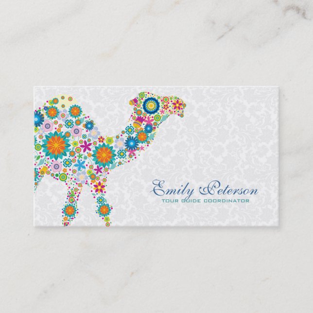 Colorful Retro Floral Camel & White Damasks Business Card (Front)