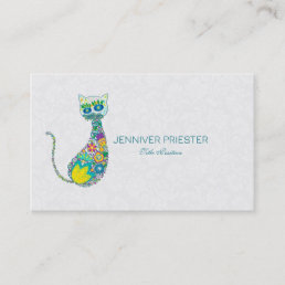 Colorful Retro Floral Cat &amp; White Damasks Business Card