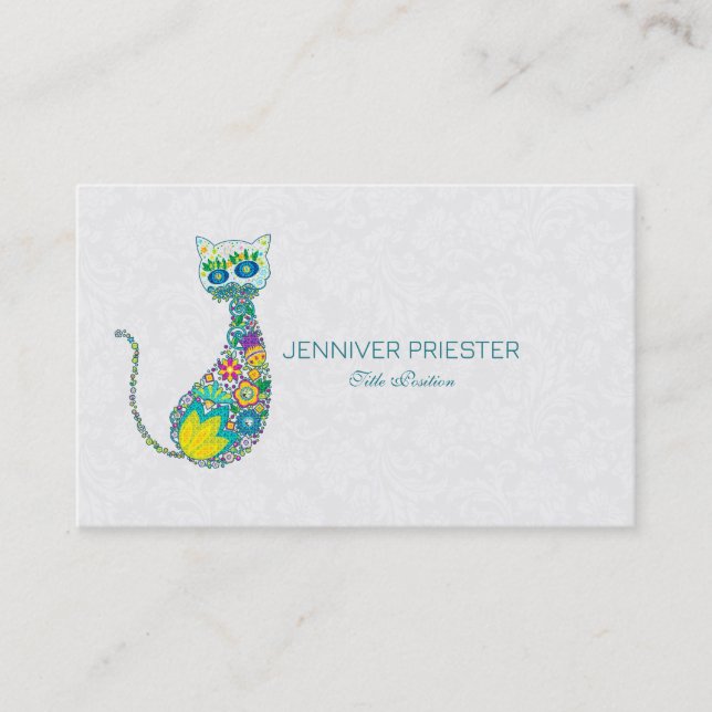 Colorful Retro Floral Cat & White Damasks Business Card (Front)