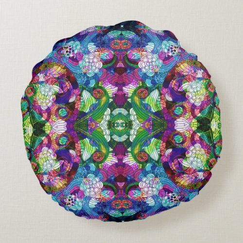 Colorful Retro Floral Collage Pattern Round Pillow