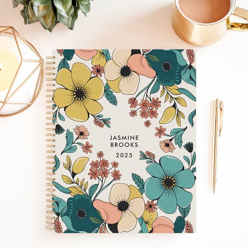 Colorful Retro Floral Custom Name Planner