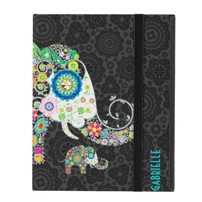 Colorful Retro Floral Cute Elephant iPad Case (Front Closed)