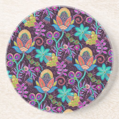 Colorful Retro Floral Design Glass Beads Look Sandstone Coaster