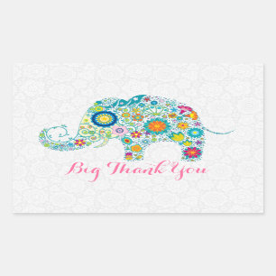 Colorful Retro Floral Elephant 2 & Black Damasks Rectangular Sticker