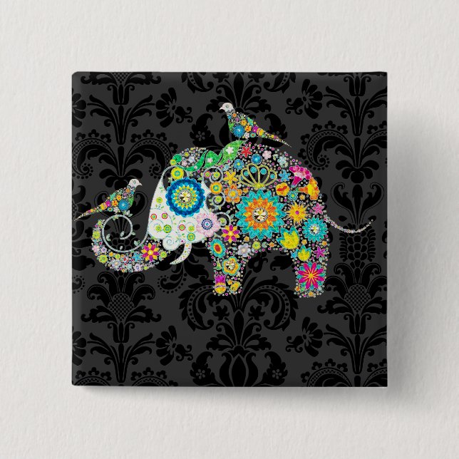 Colorful Retro Floral Elephant & Birds Pinback Button (Front)