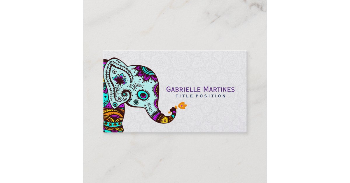 Colorful Retro Floral Elephant & Black Background Business Card | Zazzle