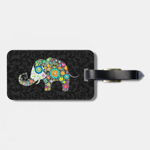 Colorful Retro Floral Elephant & Black Damasks 2 Luggage Tag