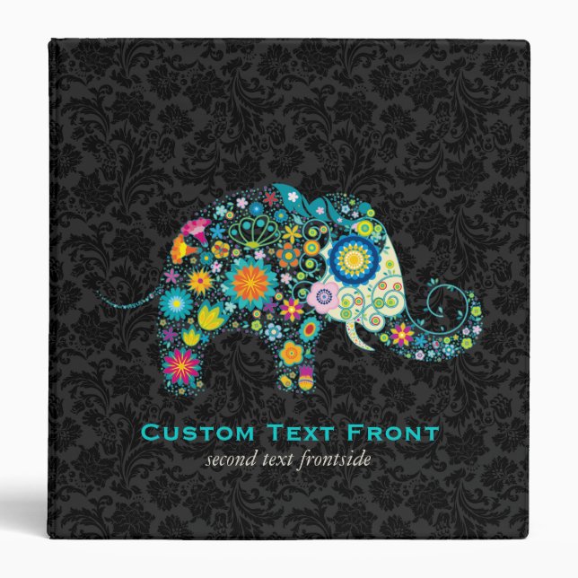 Colorful Retro Floral Elephant & Black Damasks Binder (Front)